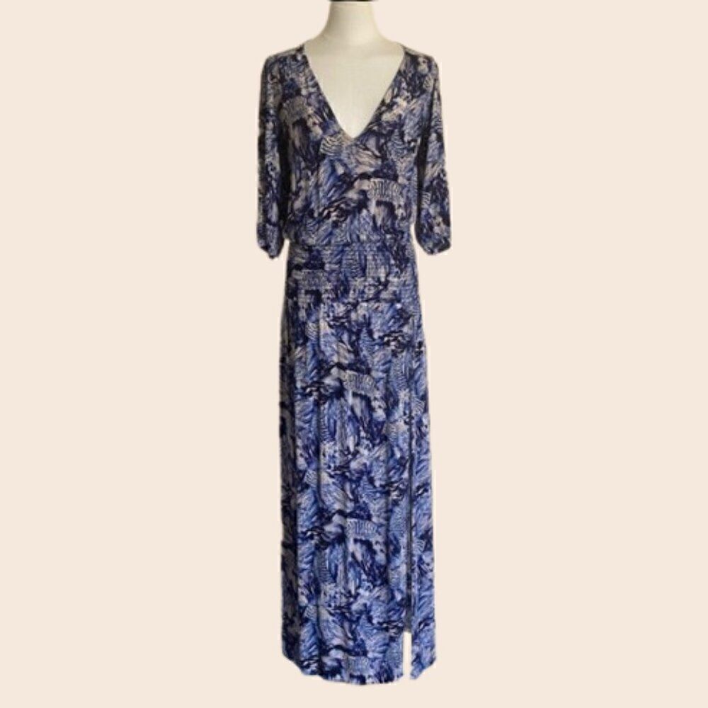 Stillwater Blue and White Tropical Animal Print Maxi Dress Size XS